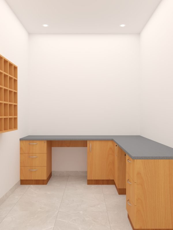 مكتب عمل زاوية مع وحدات تخزين خشبية