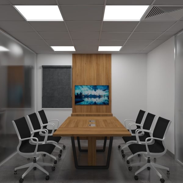 طاولة اجتماعات مع وحدة عرض وتخزين متكاملة