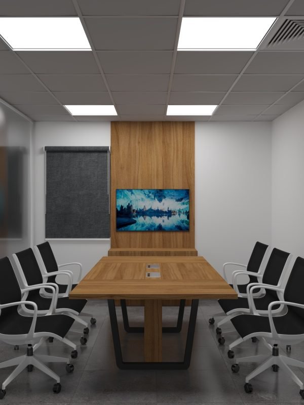 طاولة اجتماعات مع وحدة عرض وتخزين متكاملة